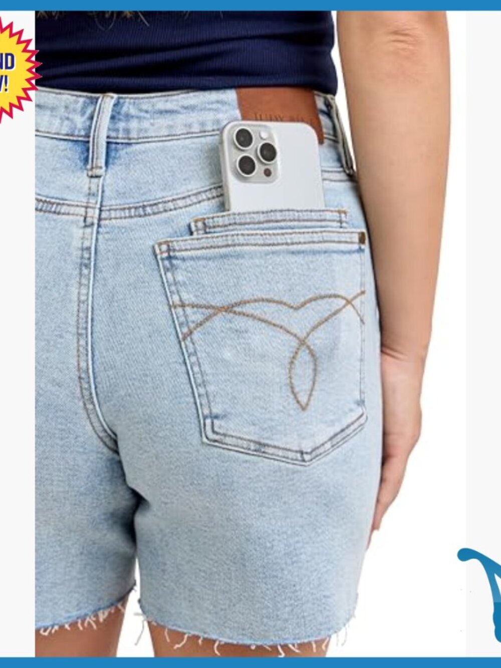 Mid Rise Denim Shorts with Tummy Control, Casual Double Pocket Style - Picture 3 of 5